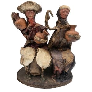 Mexican Paper Mache Figures Man Woman Vintage Folk Art Villagers Cartonnier Hand